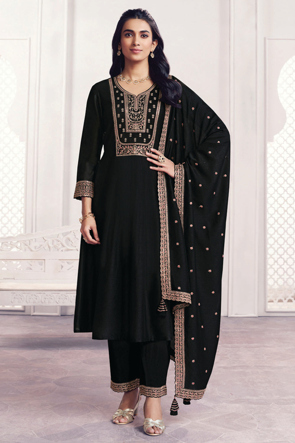 Black Crepe Silk Sequins & Zari Embroidered Anarkali Suit