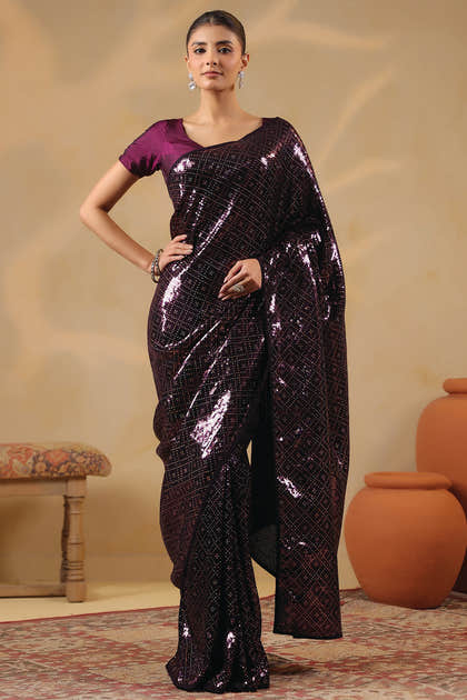 Wine Georgette Sequins Embroidered Saree