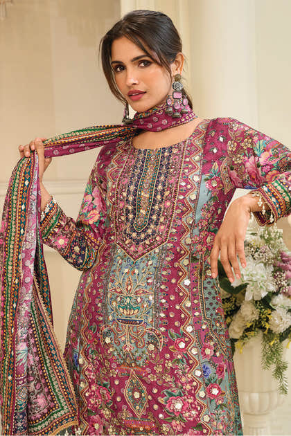 Light Maroon Crepe Silk Kashmiri Jamawar Printed And Embroidered Suit With Pallazo