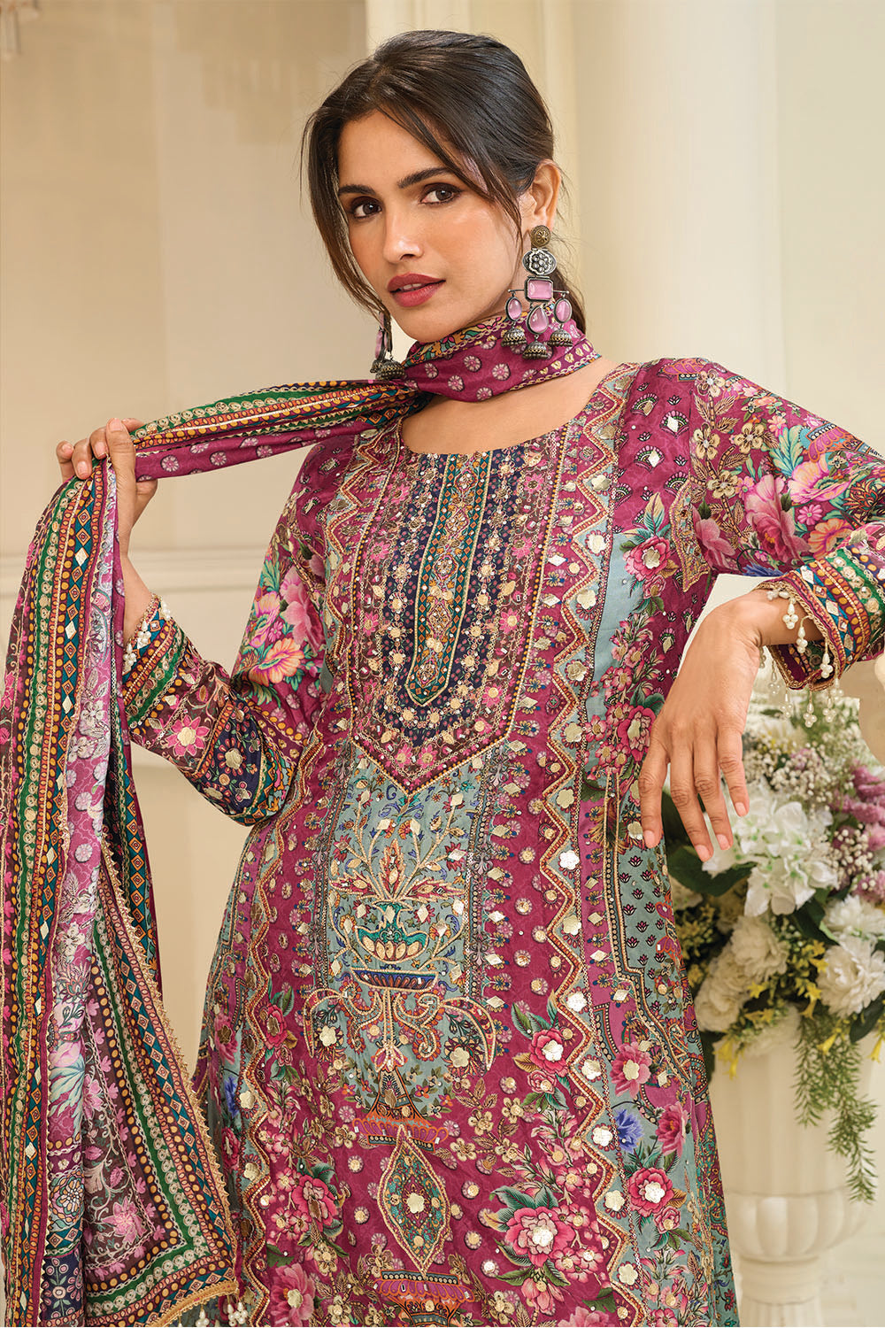Light Maroon Crepe Silk Kashmiri Jamawar Printed And Embroidered Suit With Pallazo