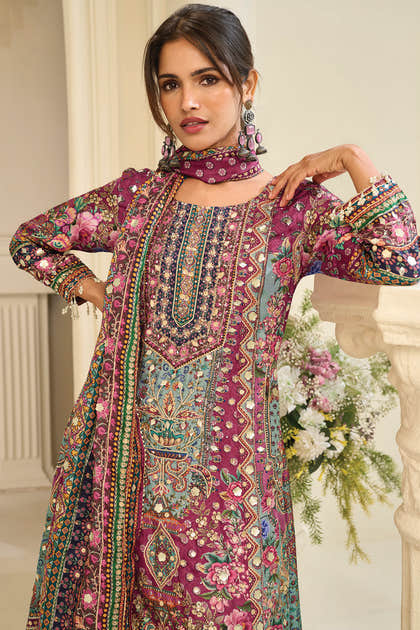 Light Maroon Crepe Silk Kashmiri Jamawar Printed And Embroidered Suit With Pallazo