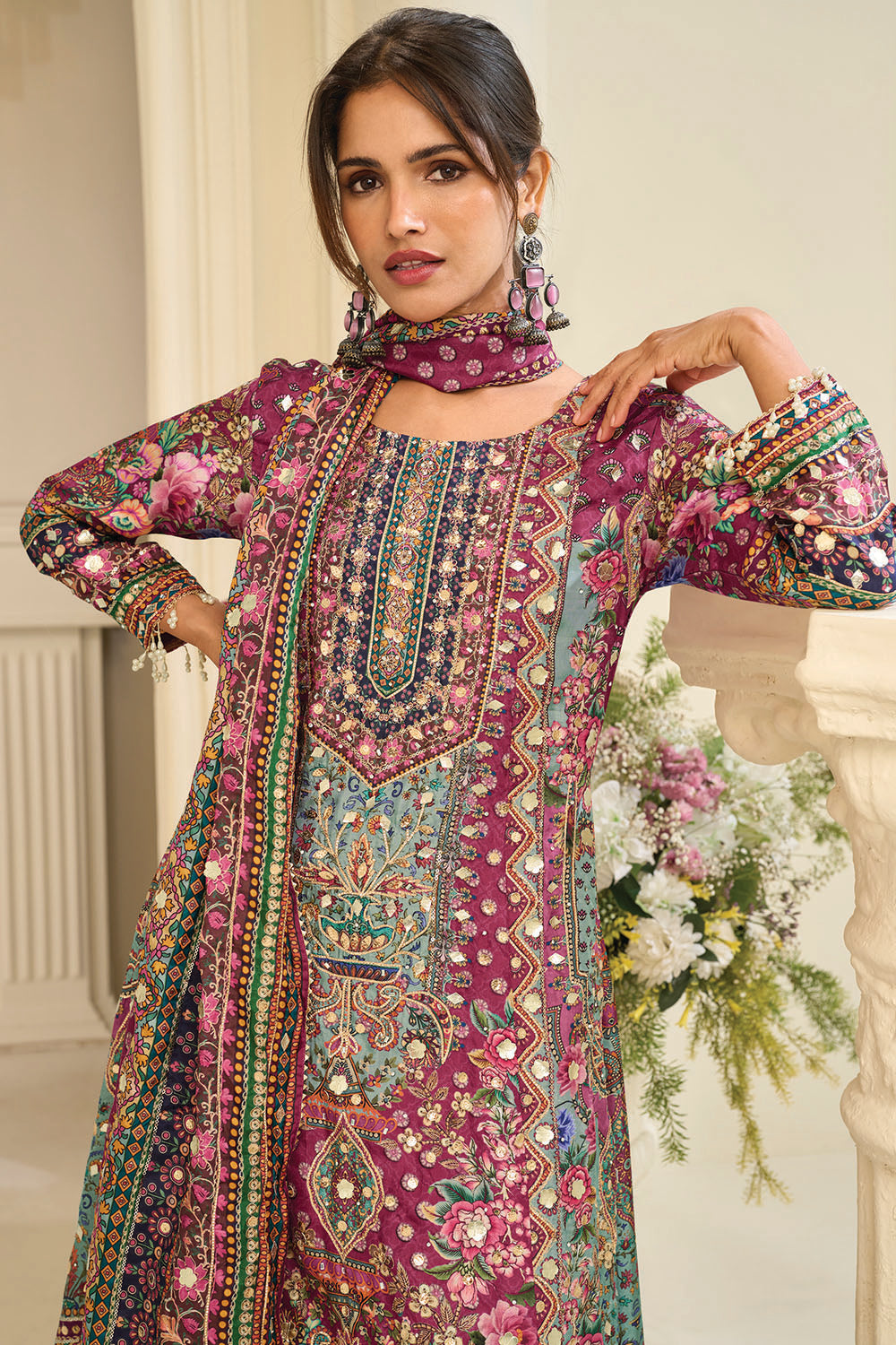 Light Maroon Crepe Silk Kashmiri Jamawar Printed And Embroidered Suit With Pallazo