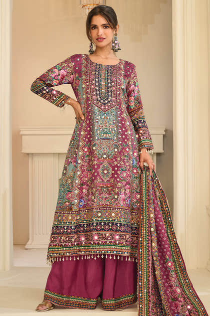 Light Maroon Crepe Silk Kashmiri Jamawar Printed And Embroidered Suit With Pallazo