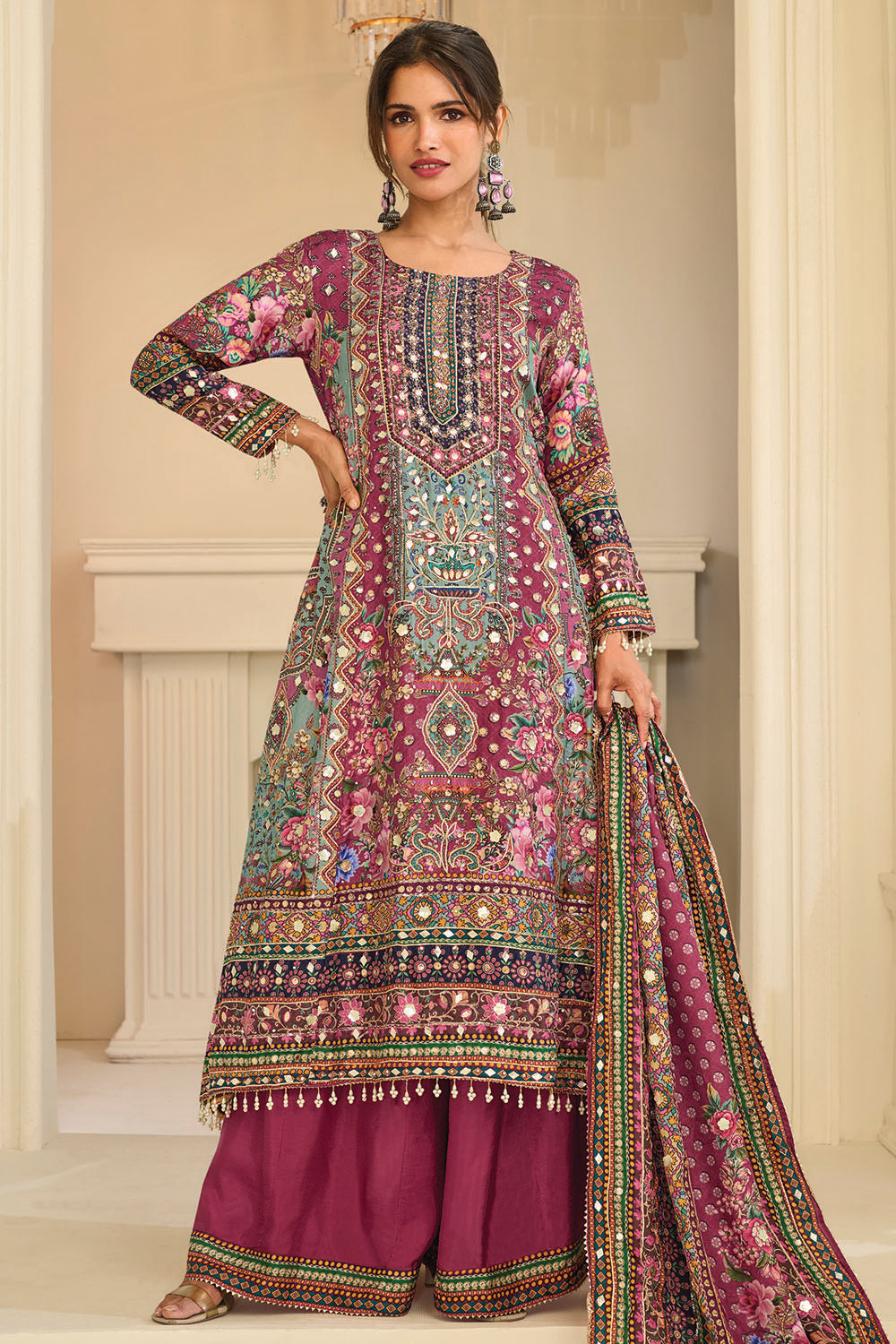 Light Maroon Crepe Silk Kashmiri Jamawar Printed And Embroidered Suit With Pallazo