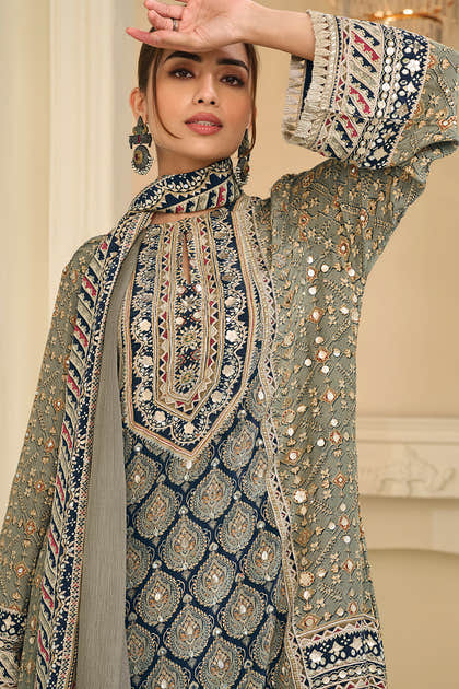 Pista Color Crepe Silk Ajrakh Printed And Embroidered Suit With Pallazo