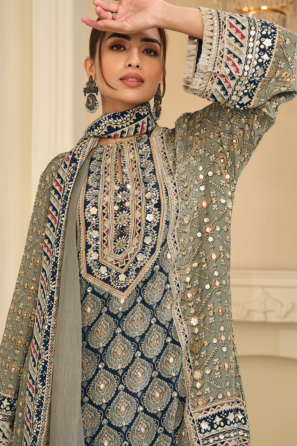 Pista Color Crepe Silk Ajrakh Printed And Embroidered Suit With Pallazo
