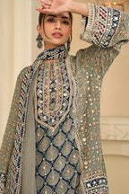 Pista Color Crepe Silk Ajrakh Printed And Embroidered Suit With Pallazo