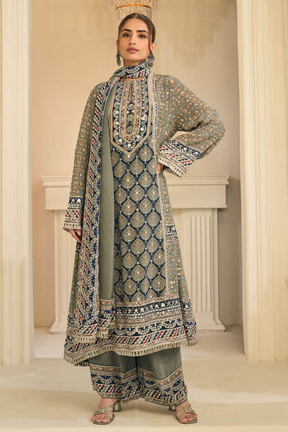Pista Color Crepe Silk Ajrakh Printed And Embroidered Suit With Pallazo