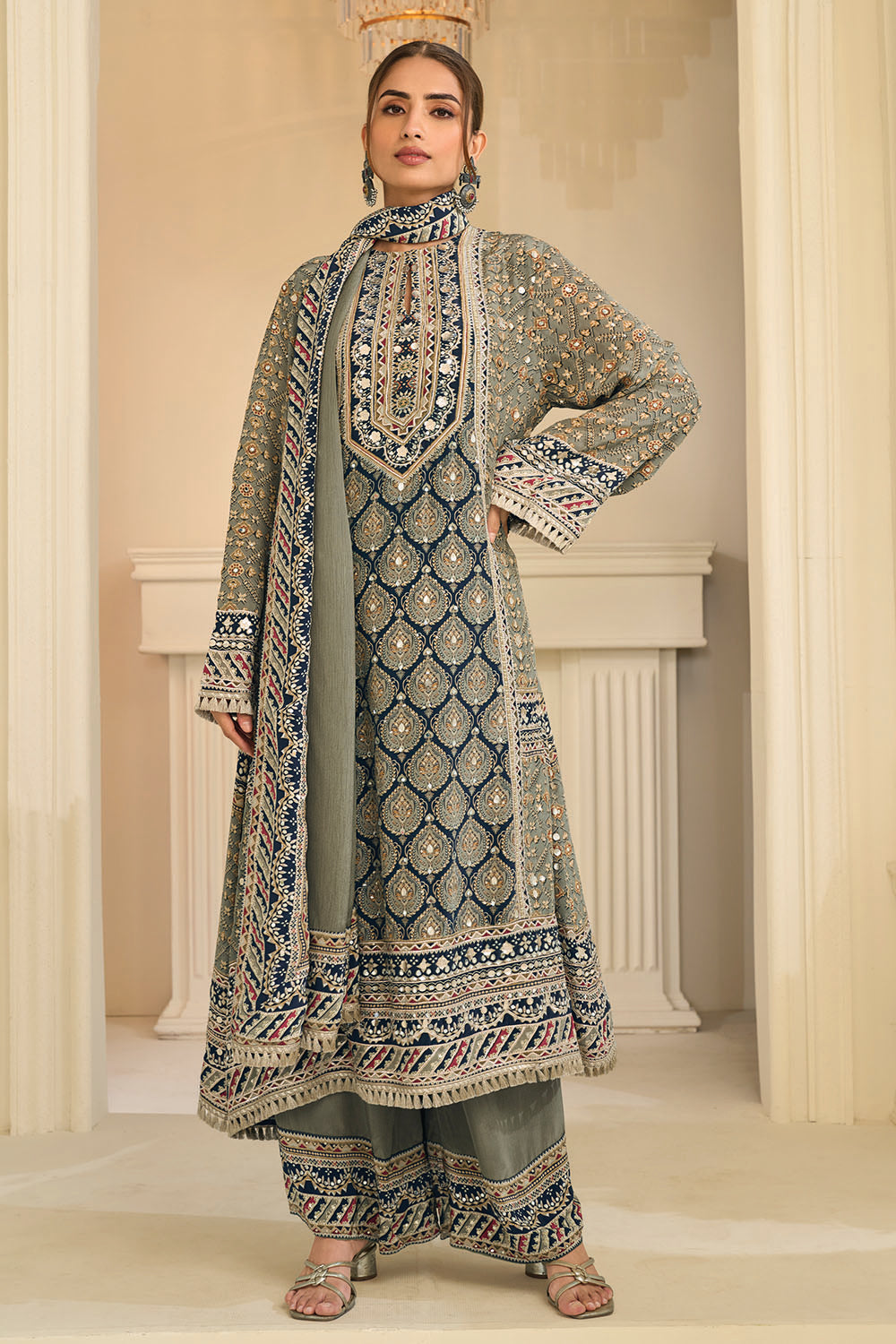 Pista Color Crepe Silk Ajrakh Printed And Embroidered Suit With Pallazo