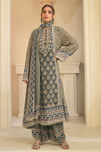 Pista Color Crepe Silk Ajrakh Printed And Embroidered Suit With Pallazo