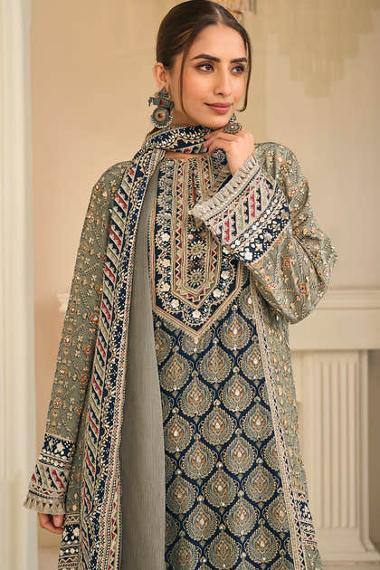 Pista Color Crepe Silk Ajrakh Printed And Embroidered Suit With Pallazo