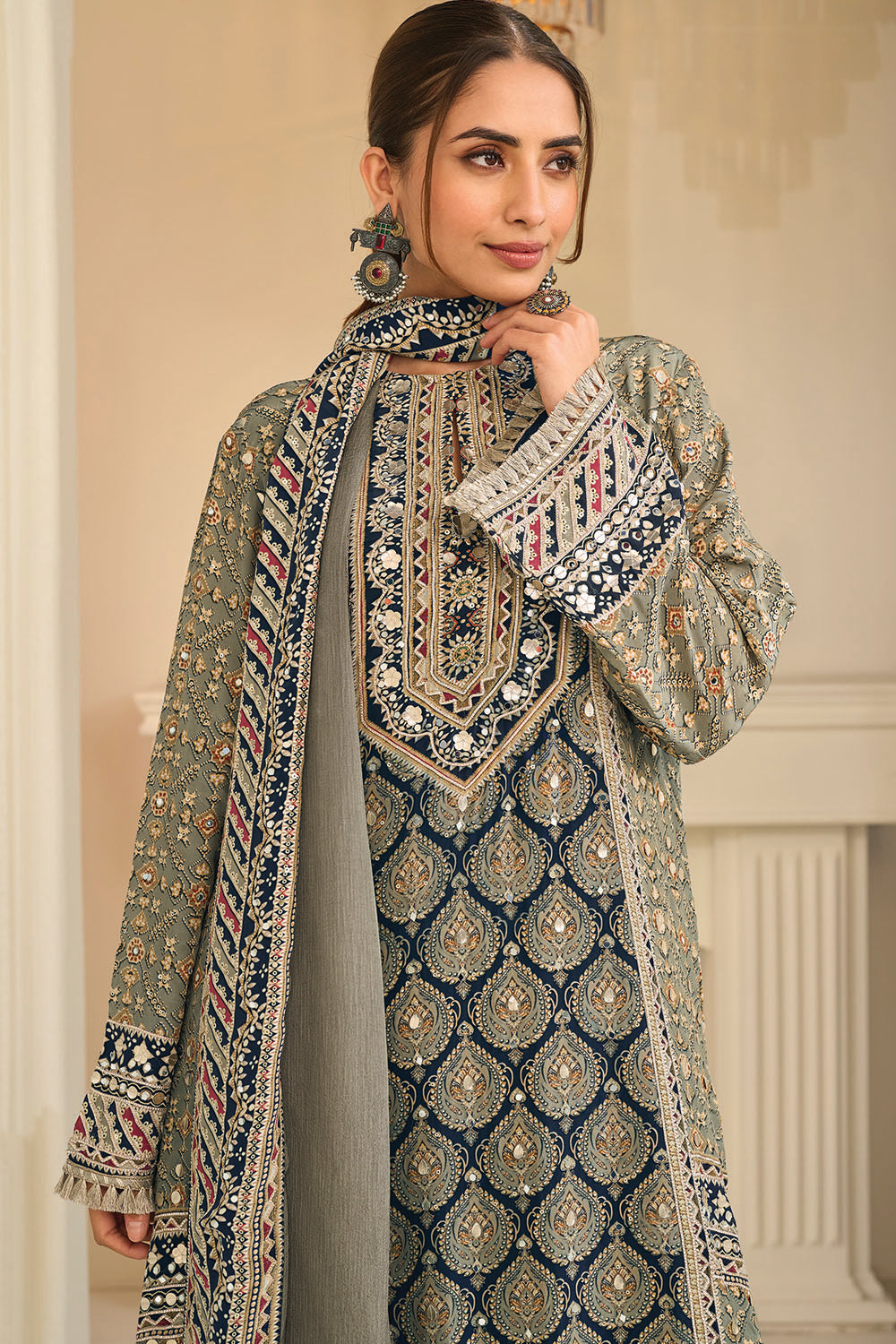 Pista Color Crepe Silk Ajrakh Printed And Embroidered Suit With Pallazo