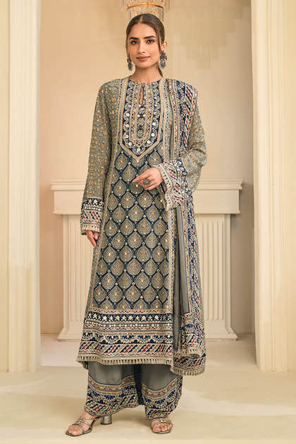 Pista Color Crepe Silk Ajrakh Printed And Embroidered Suit With Pallazo