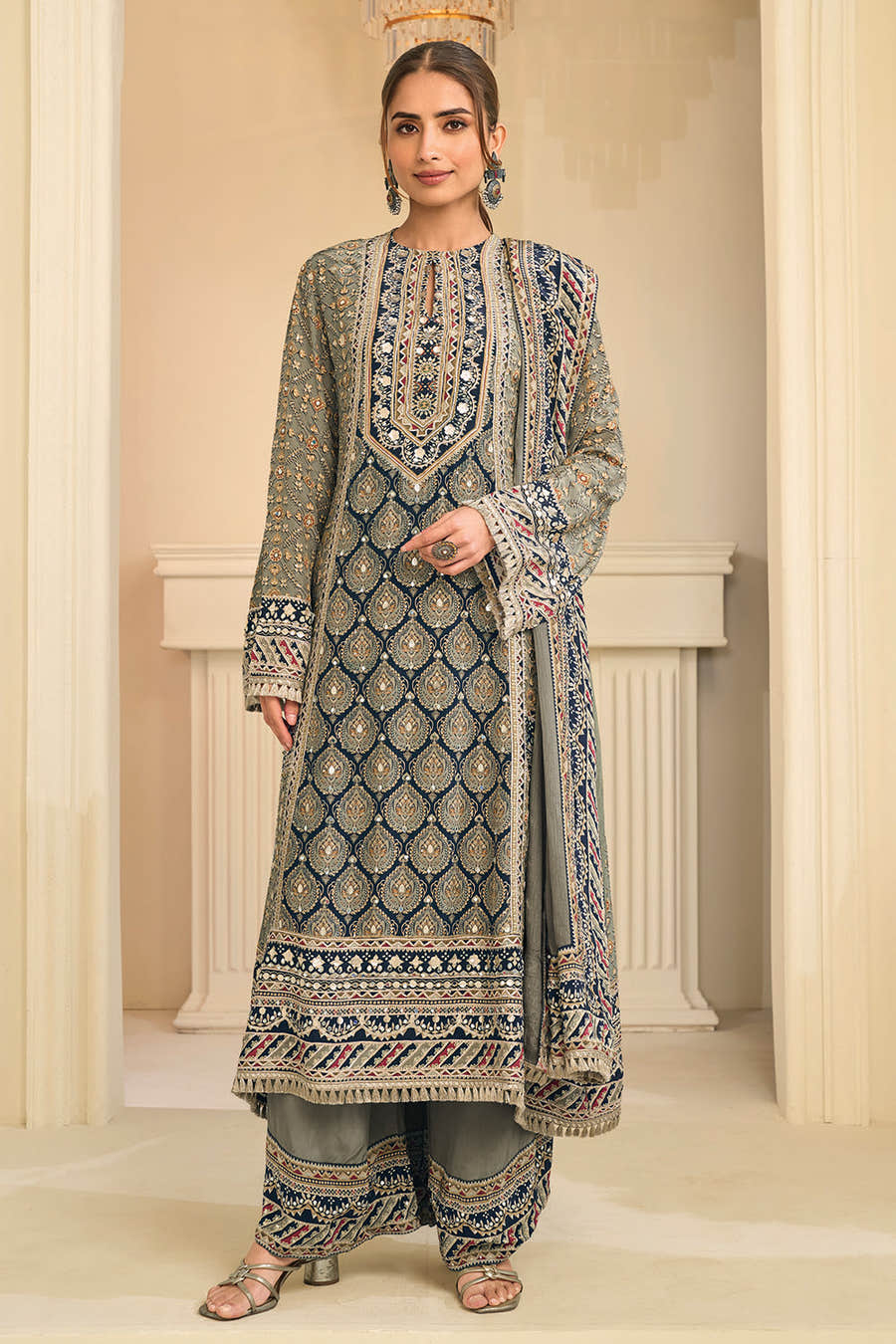 Pista Color Crepe Silk Ajrakh Printed And Embroidered Suit With Pallazo