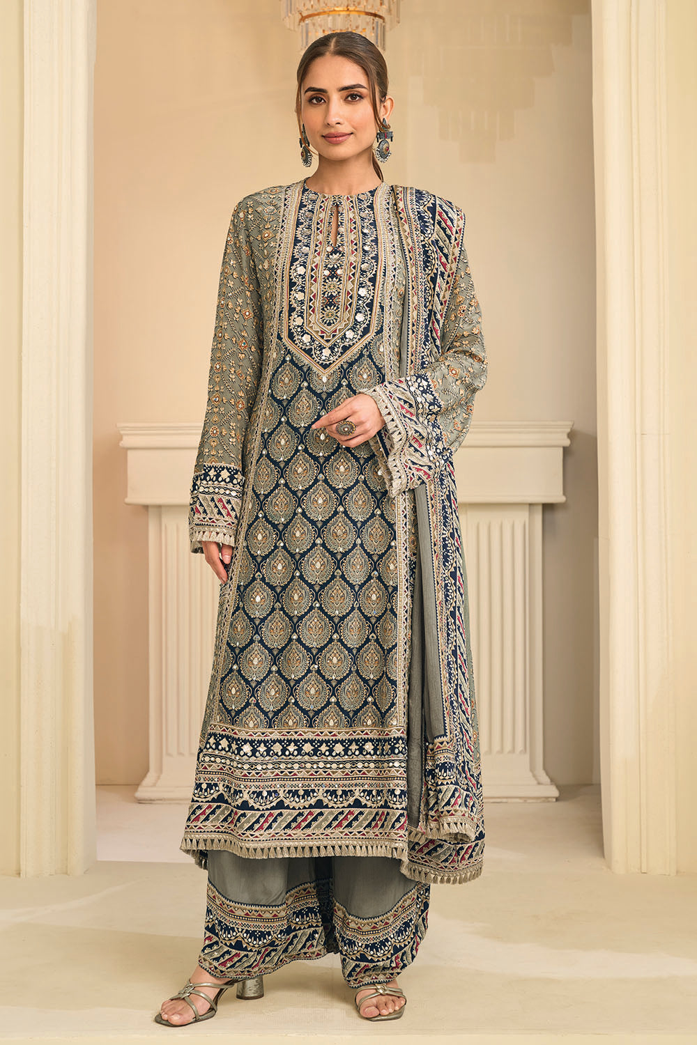 Pista Color Crepe Silk Ajrakh Printed And Embroidered Suit With Pallazo