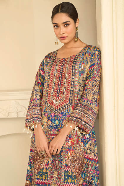 Blue Crepe Silk Kashmiri Jamawar Printed And Embroidered Suit With Pallazo