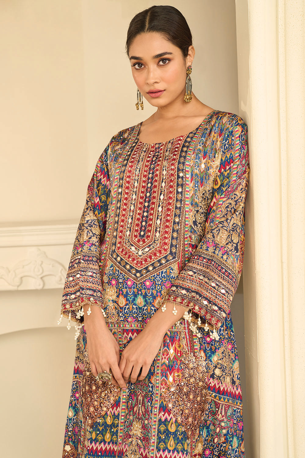 Blue Crepe Silk Kashmiri Jamawar Printed And Embroidered Suit With Pallazo