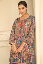Blue Crepe Silk Kashmiri Jamawar Printed And Embroidered Suit With Pallazo