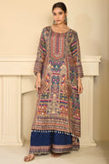 Blue Crepe Silk Kashmiri Jamawar Printed And Embroidered Suit With Pallazo