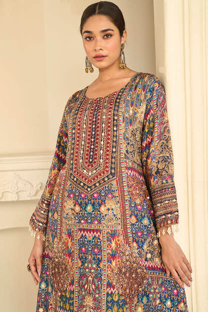 Blue Crepe Silk Kashmiri Jamawar Printed And Embroidered Suit With Pallazo