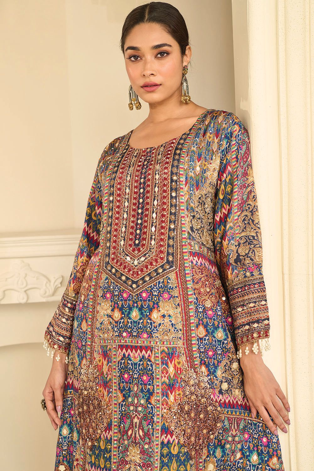 Blue Crepe Silk Kashmiri Jamawar Printed And Embroidered Suit With Pallazo