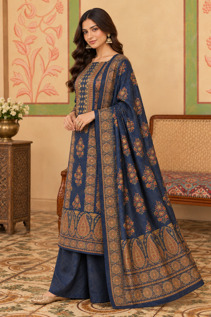 Navy Velvet Printed Unstitched Suit Material