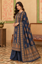 Navy Velvet Printed Unstitched Suit Material