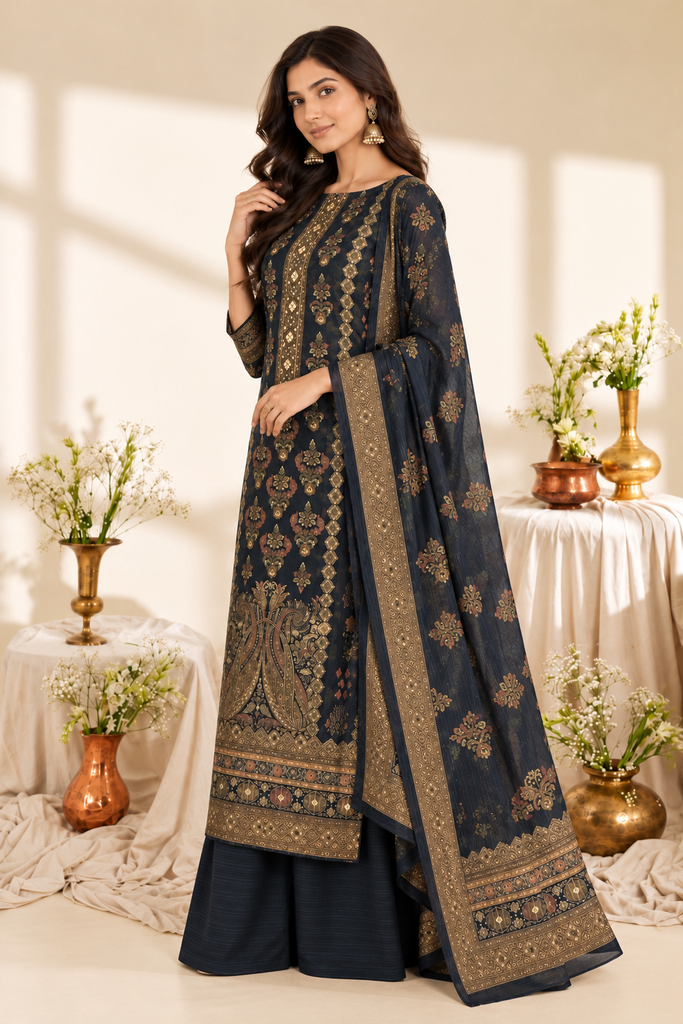 Navy Digital Printed Velvet Unstitched Suit Fabric