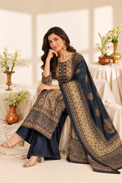 Navy Velvet Digital Printed Unstitched Suit Fabric