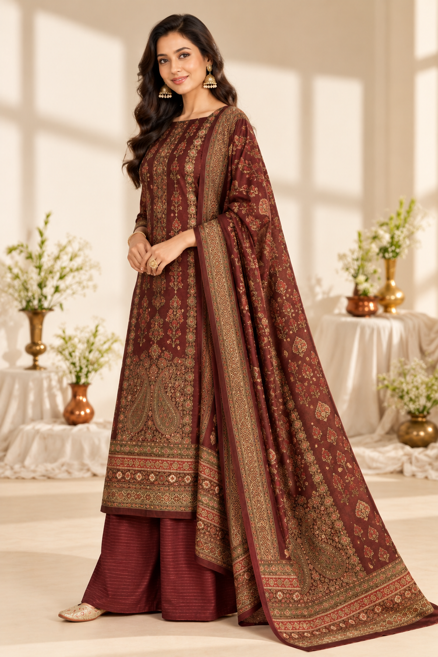 Maroon Digital Printed Velvet Unstitched Suit Fabric