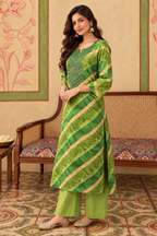 Green Muslin Printed And Mirror Work Kurta Set