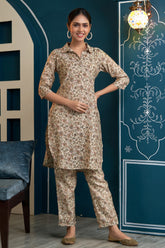 Beige & Green Color Muslin Printed Co-Ord Set