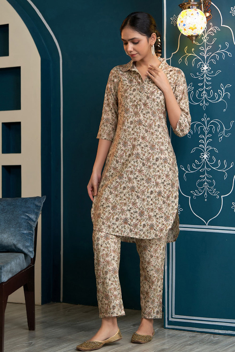 Beige & Green Color Muslin Printed Co-Ord Set