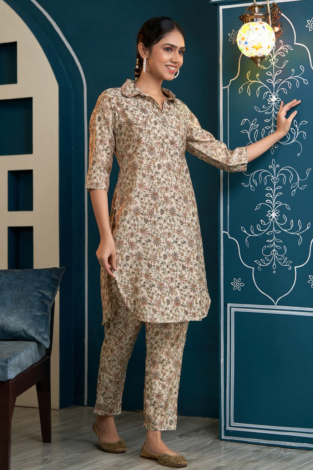 Beige & Green Color Muslin Printed Co-Ord Set
