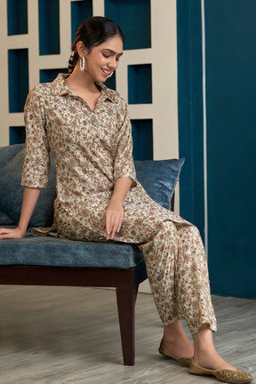Beige & Green Color Muslin Printed Co-Ord Set