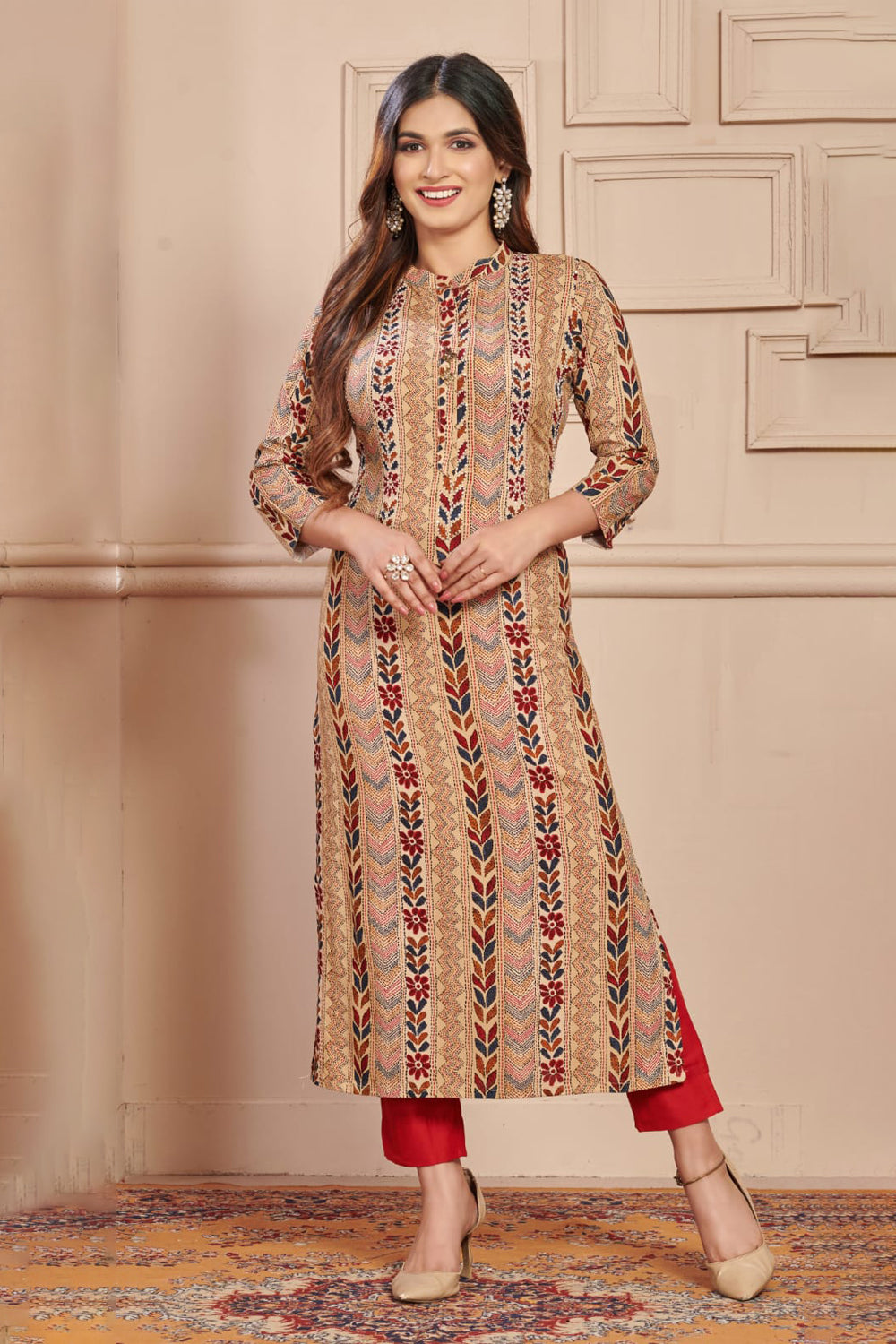 Beige Color Printed Cotton Kurti