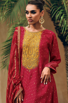 Red Color Embroidered Crepe Silk Unstitched Suit Material