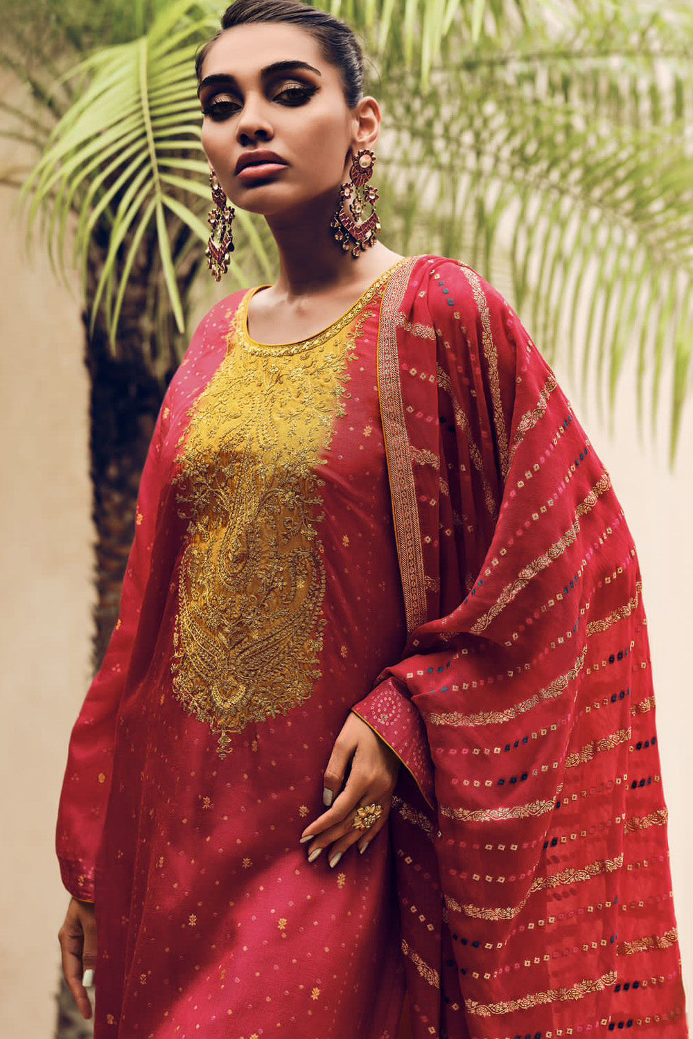 Red Color Embroidered Crepe Silk Unstitched Suit Material