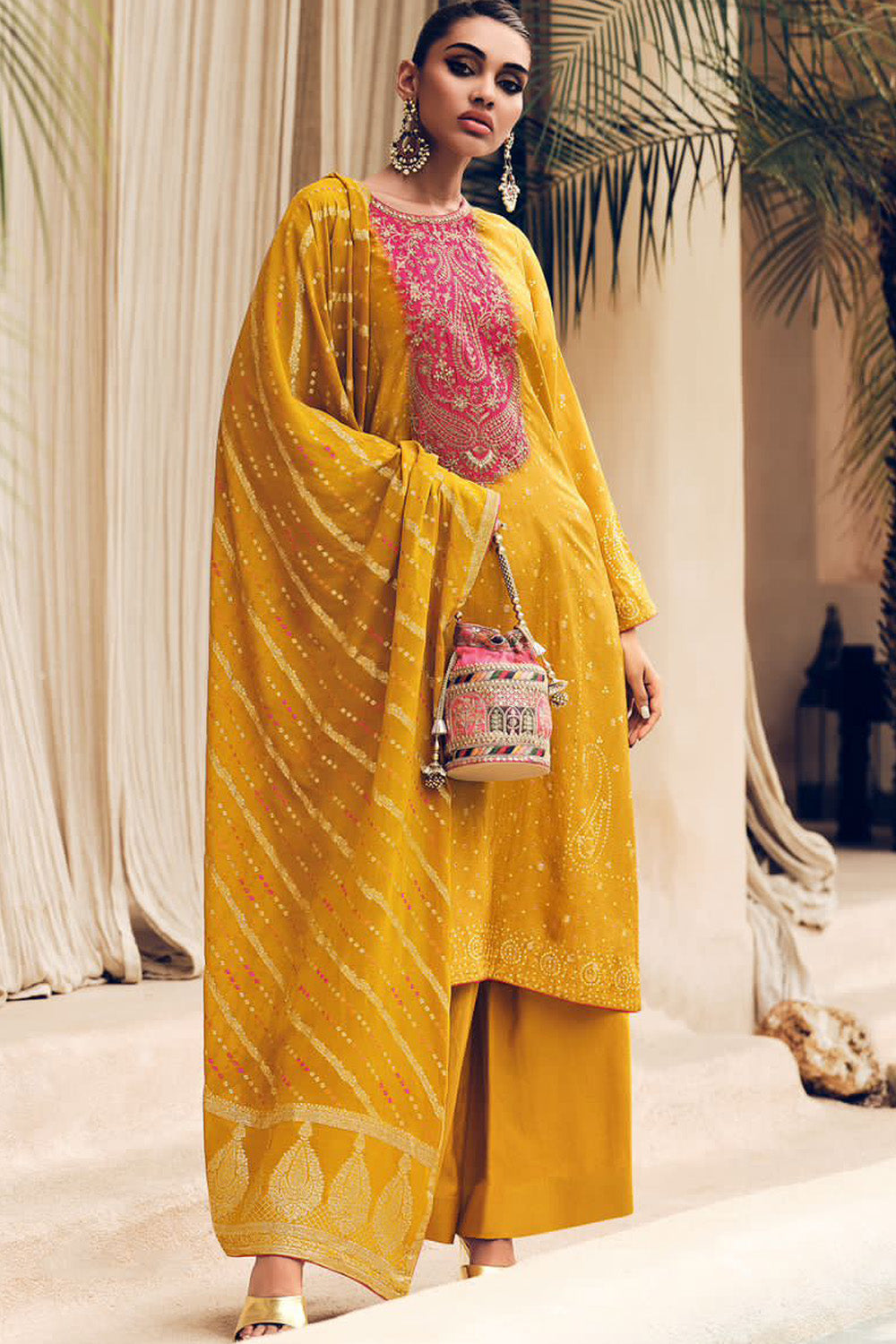 Mustad Color Embroidered Crepe Silk Unstitched Suit Material