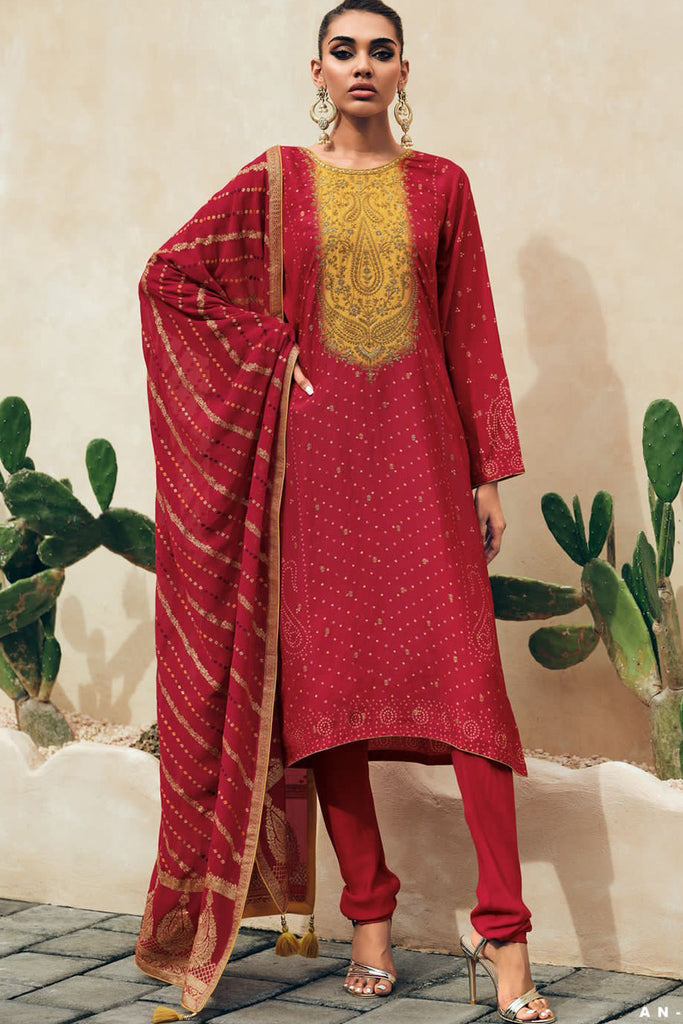Red Color Embroidered Crepe Silk Unstitched Suit Material