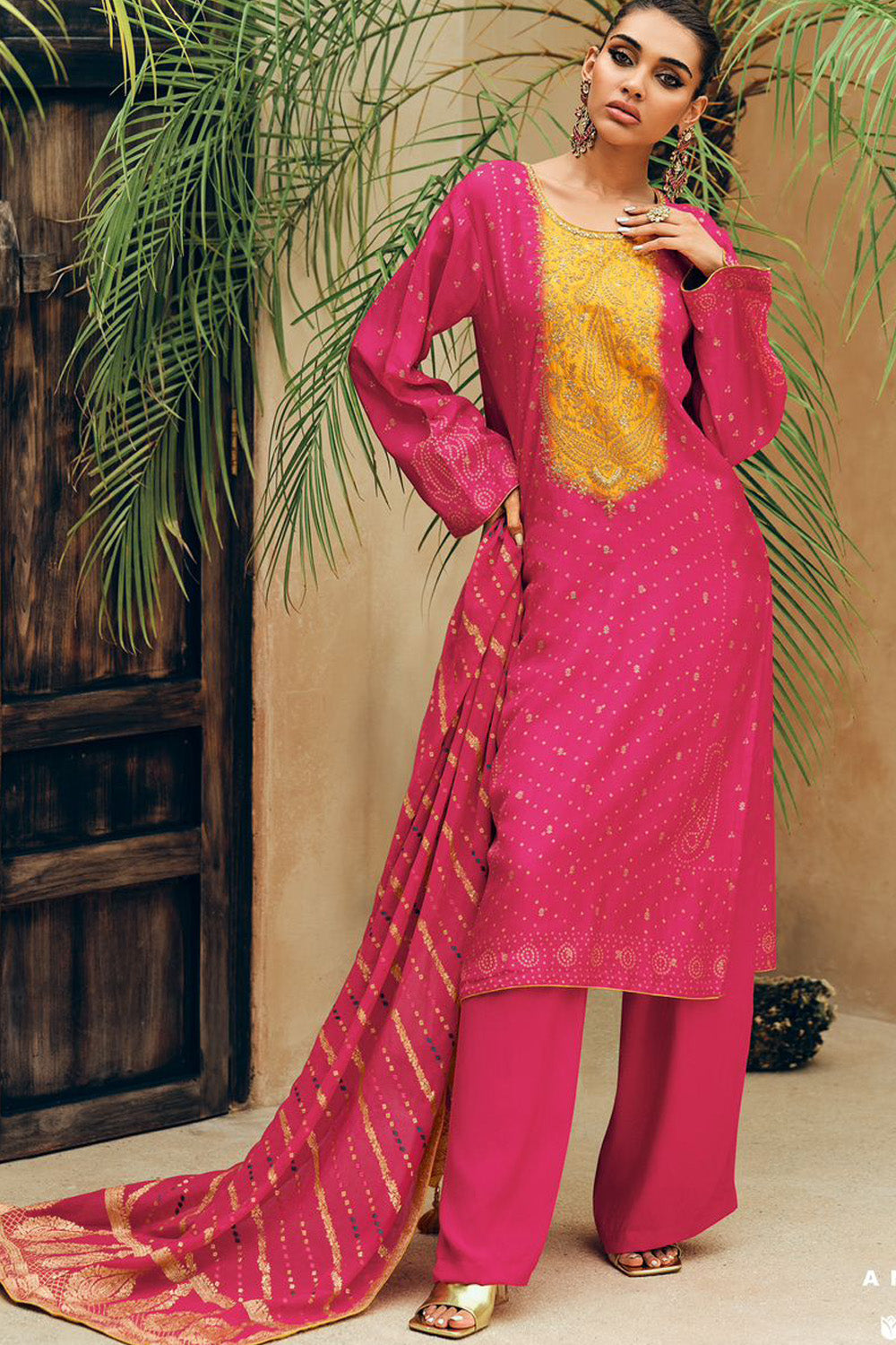 Fuchsia Pink Color Embroidered Crepe Silk Unstitched Suit Material