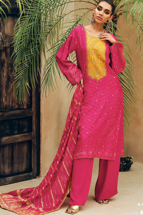 Fuchsia Pink Color Embroidered Crepe Silk Unstitched Suit Material