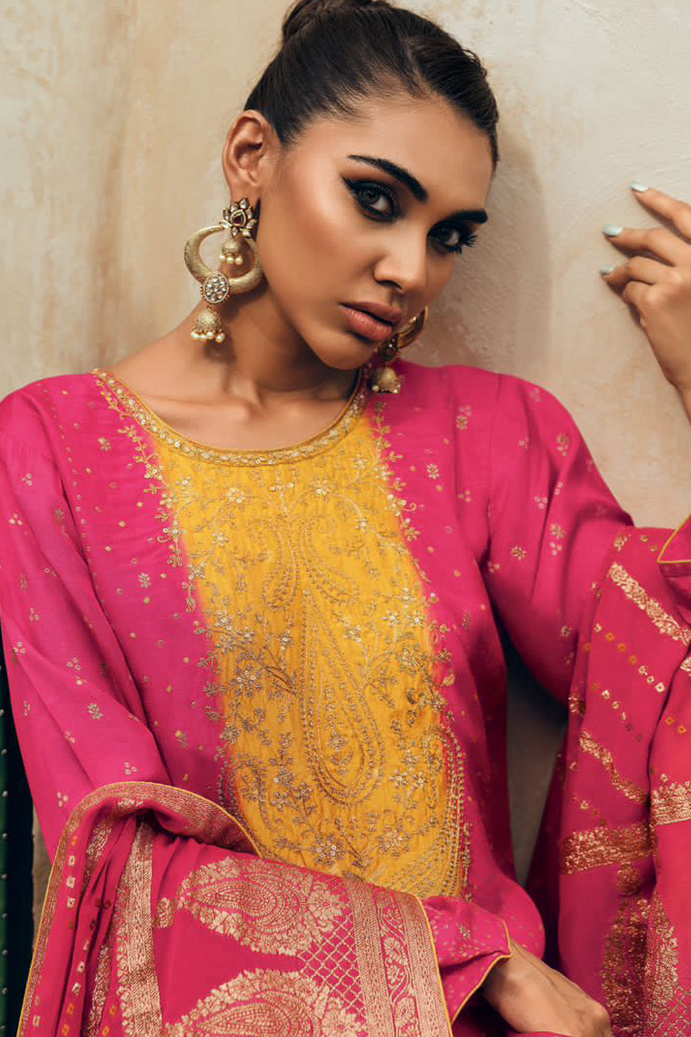 Fuchsia Pink Color Embroidered Crepe Silk Unstitched Suit Material
