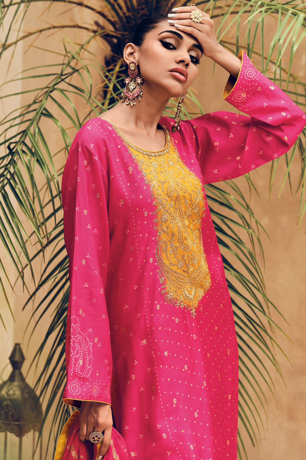 Fuchsia Pink Color Embroidered Crepe Silk Unstitched Suit Material