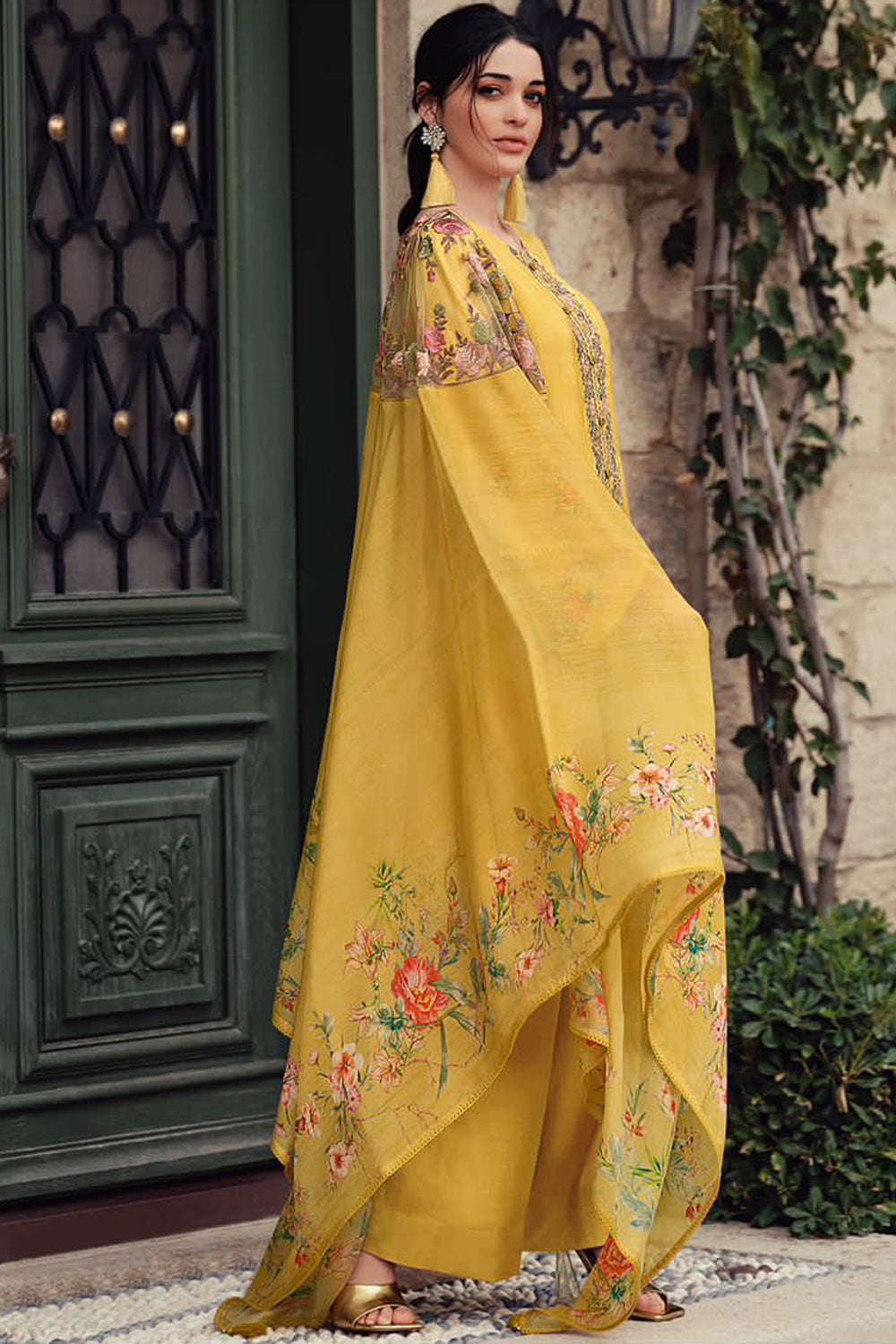 Mustard Color Crepe Embroidered Unstitched Suit Material