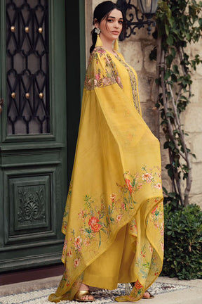 Mustard Color Crepe Embroidered Unstitched Suit Material