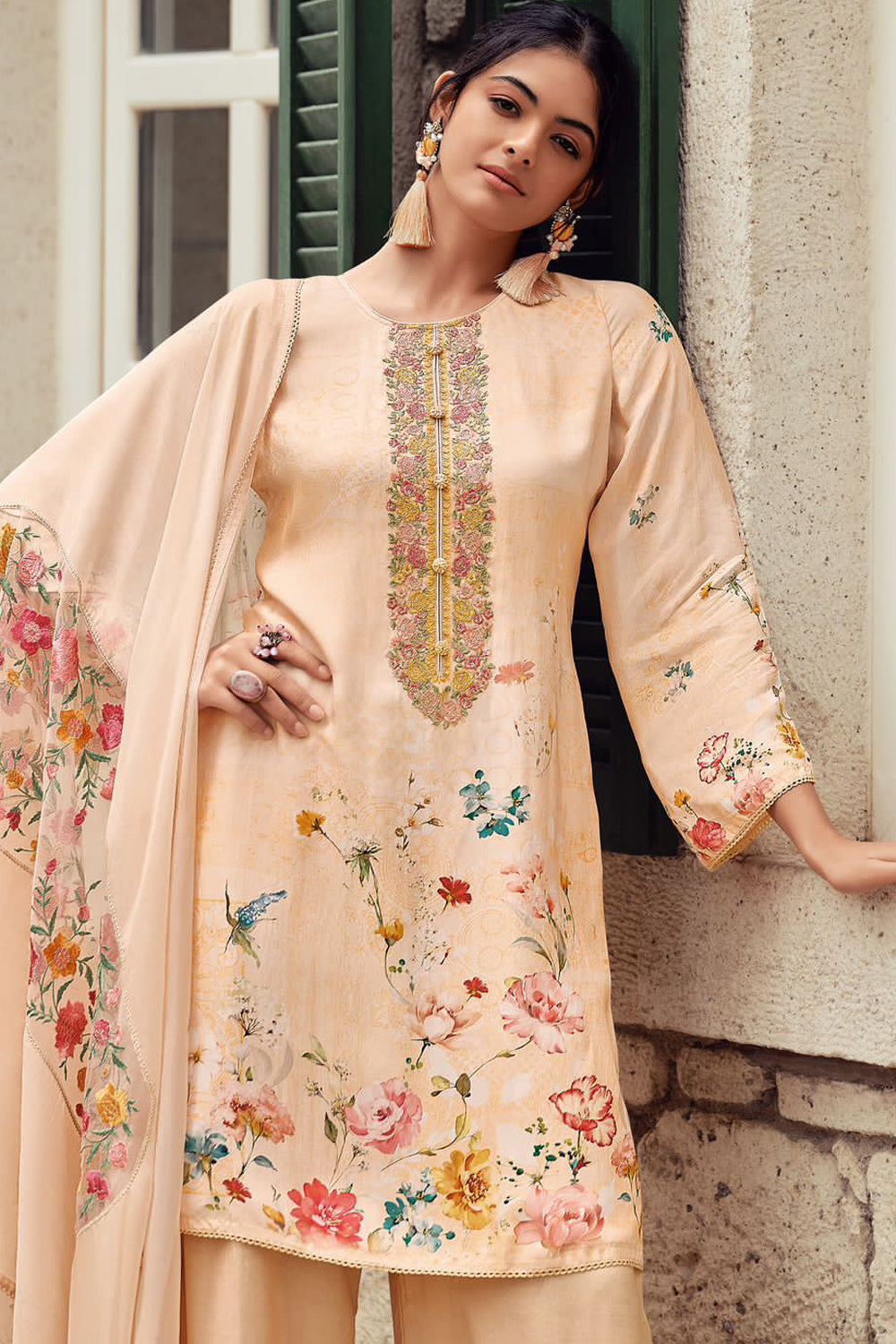 Beige Color Crepe Embroidered Unstitched Suit Material