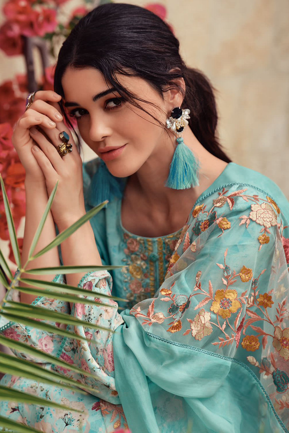 Turquoise Color Crepe Embroidered Unstitched Suit Material