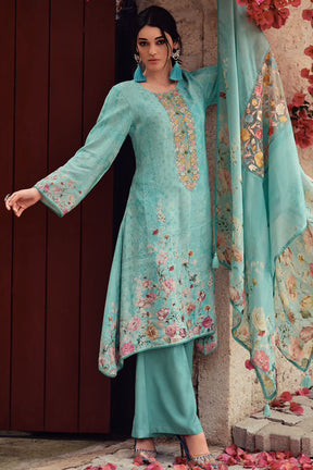 Turquoise Color Crepe Embroidered Unstitched Suit Material