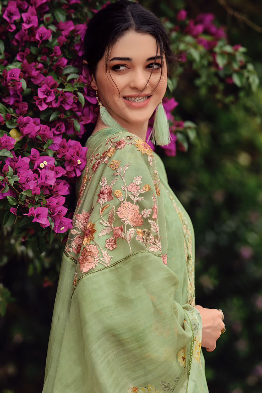 Green Color Crepe Embroidered Unstitched Suit Material